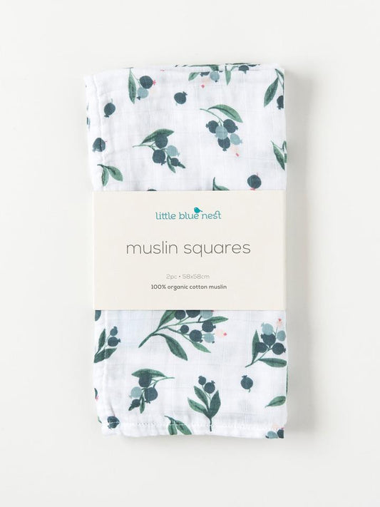 Little Blue Nest Organic Cotton Muslin Square Cloths - Blueberry